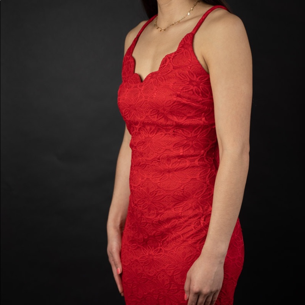 Red, floral cocktail dress